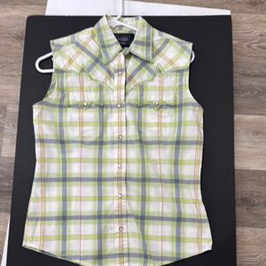 Wrangler Women's Sleeveless Plaid Button-Up Shirt - Green/White